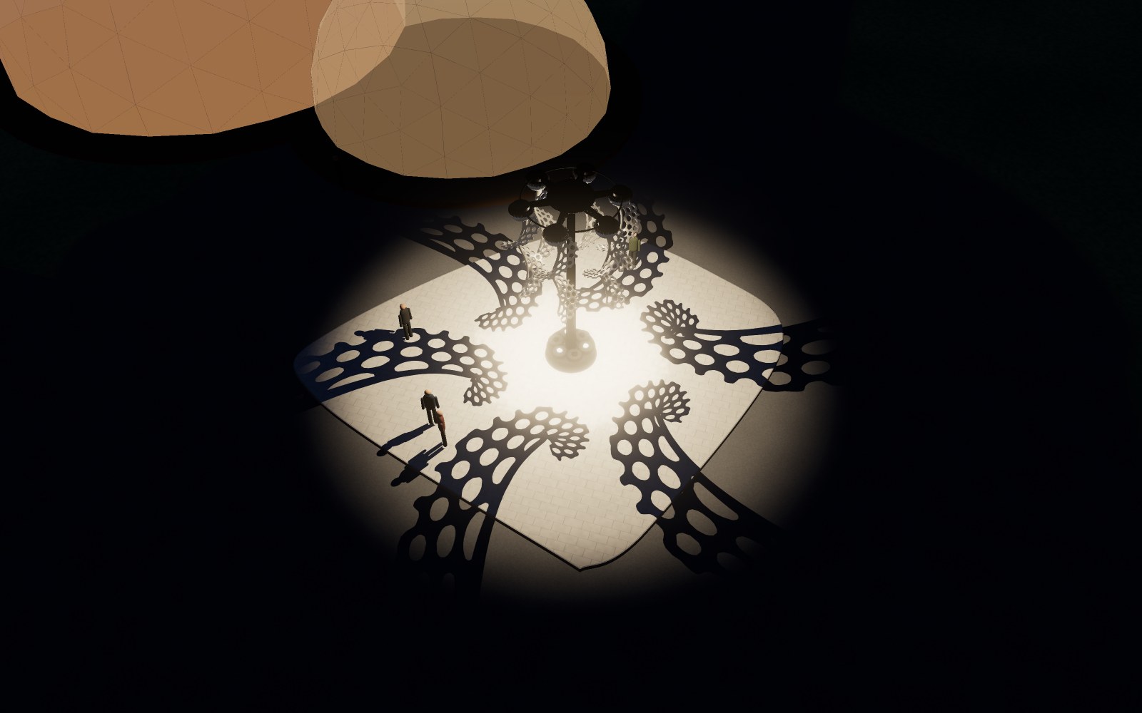 Night view from above: the shadow patterns stay inside a circle around the mast