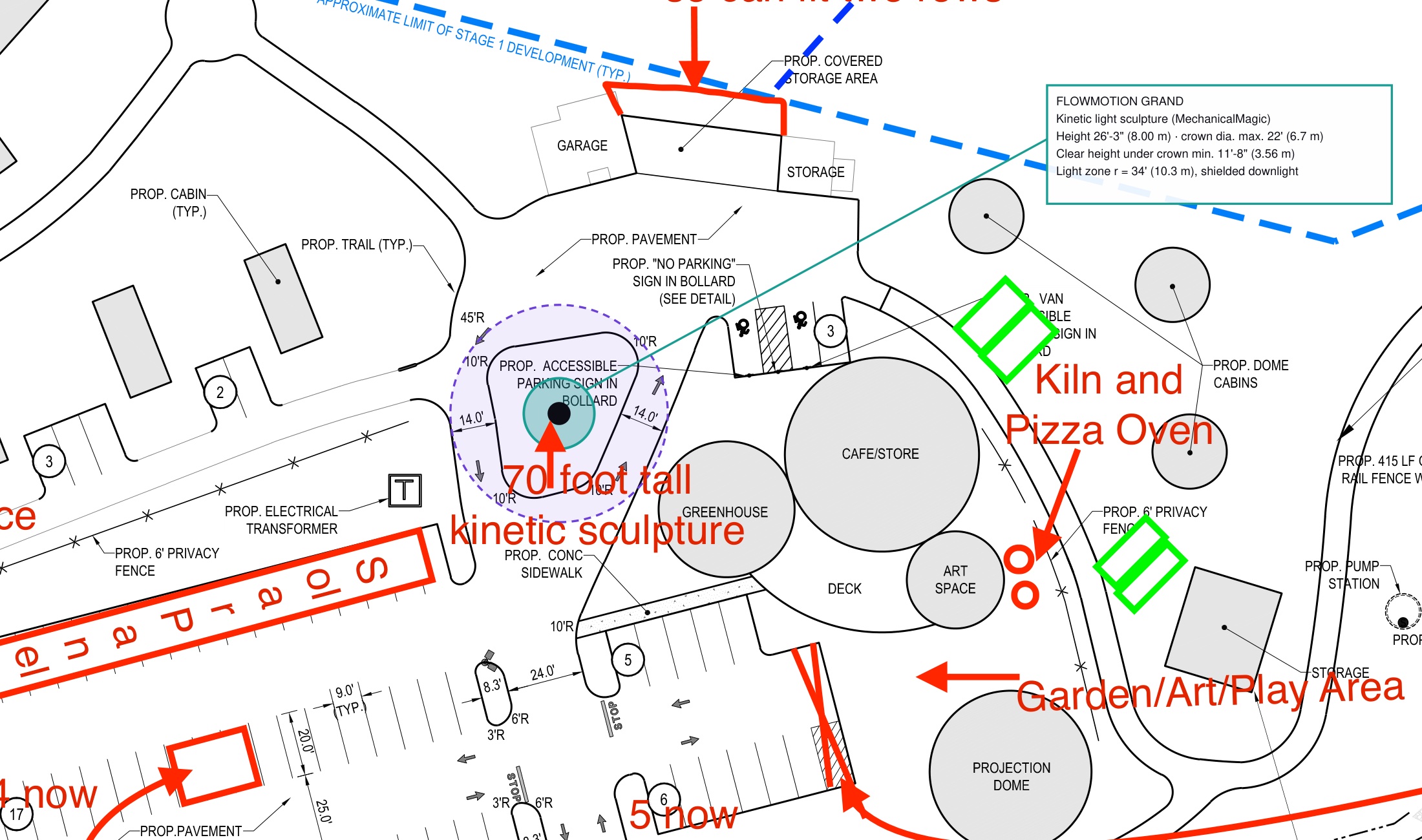 Excerpt of Bohler site plan C-301 with FlowMotion Grand marked on the entrance island: crown footprint and the dashed light zone